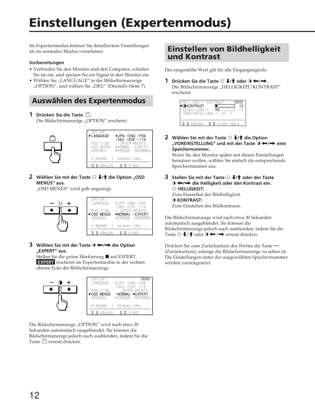 Sony GDM-90W01T manual Einstellungen Expertenmodus, Auswählen des Expertenmodus, Einstellen von Bildhelligkeit Und Kontrast 