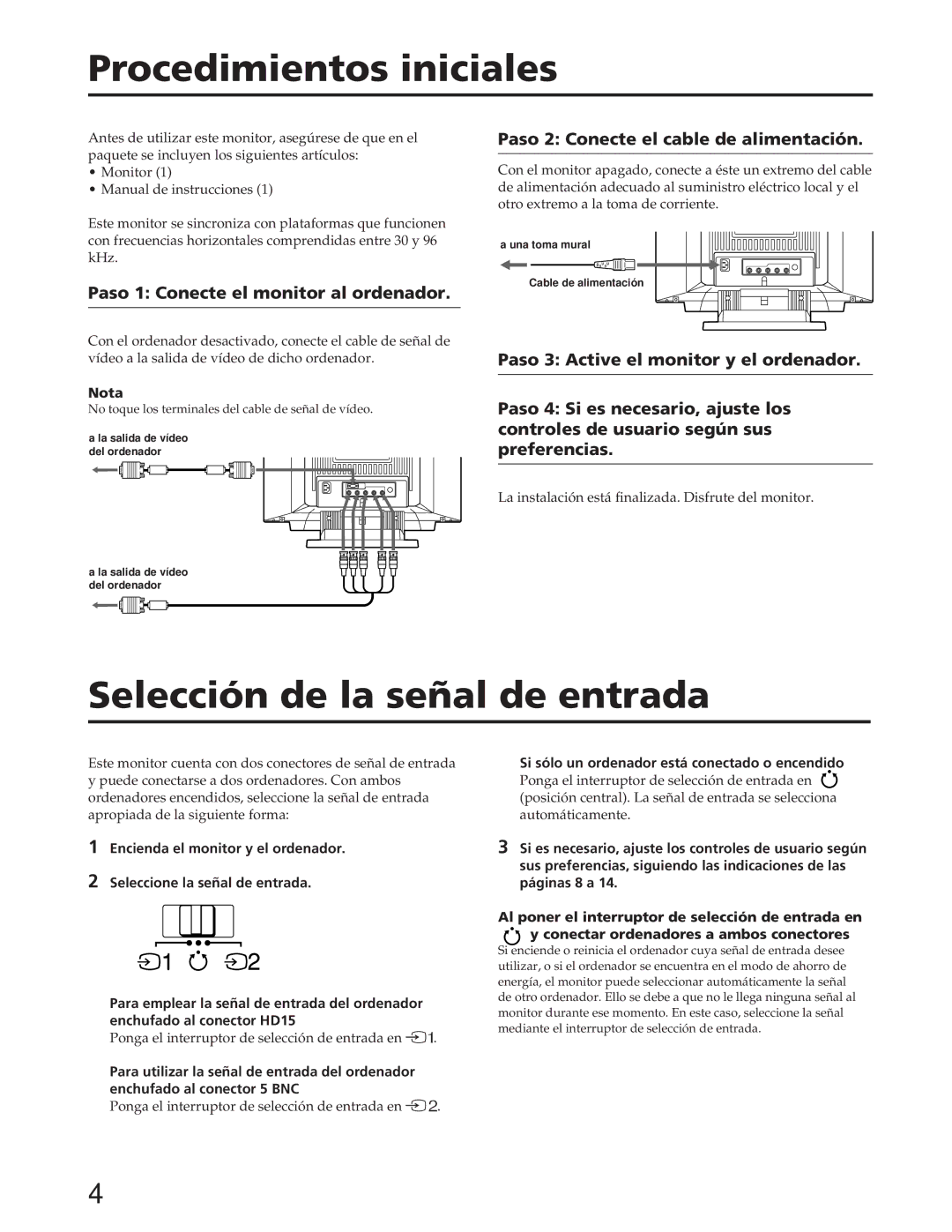 Sony GDM-90W01T Procedimientos iniciales, Selección de la señal de entrada, Paso 1 Conecte el monitor al ordenador, Nota 