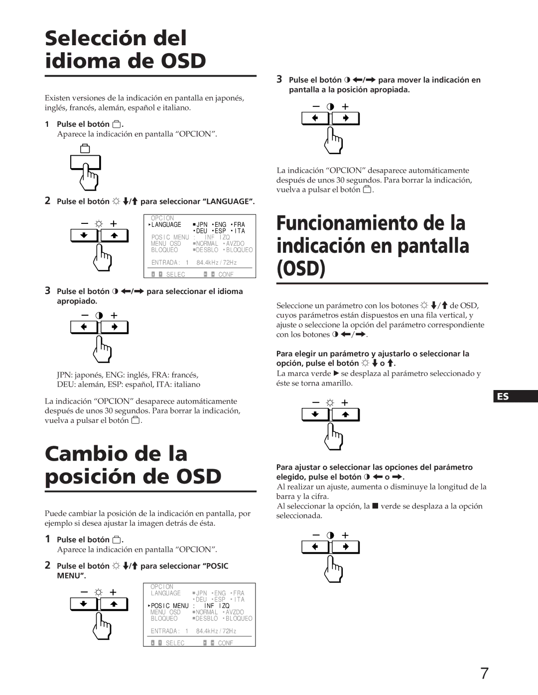 Sony GDM-90W01T manual Selección del idioma de OSD, Cambio de la posición de OSD, Menu 