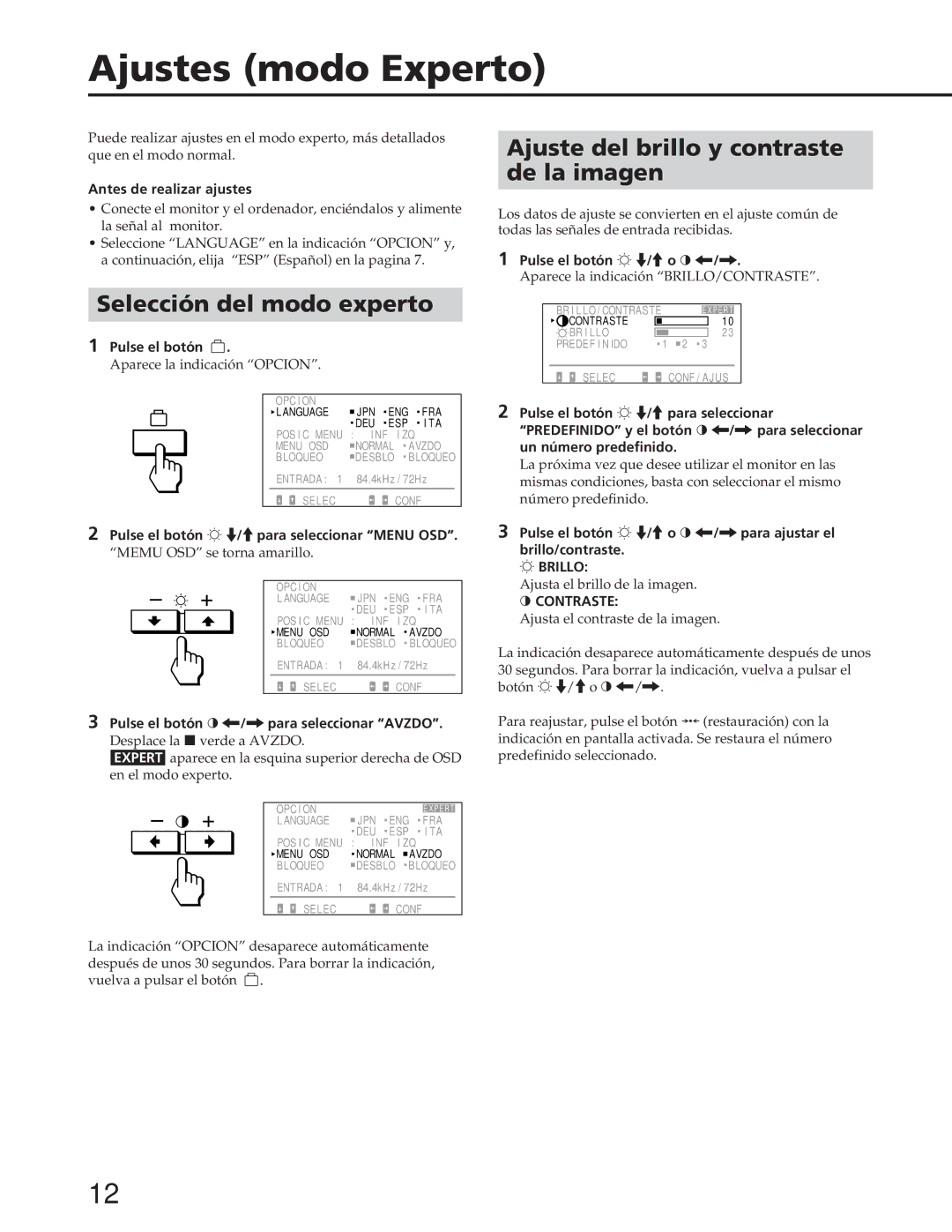 Sony GDM-90W01T Ajustes modo Experto, Selección del modo experto, Ajuste del brillo y contraste De la imagen, ¬ Brillo 