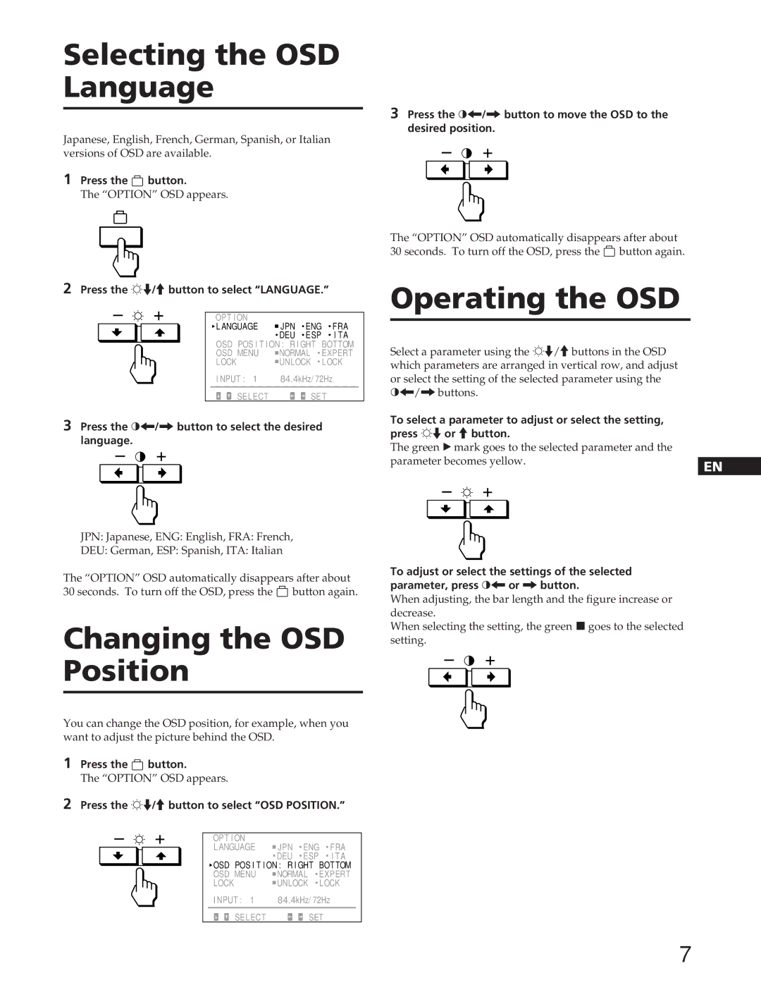 Sony GDM-90W01T manual Selecting the OSD Language, Changing the OSD Position, Operating the OSD 