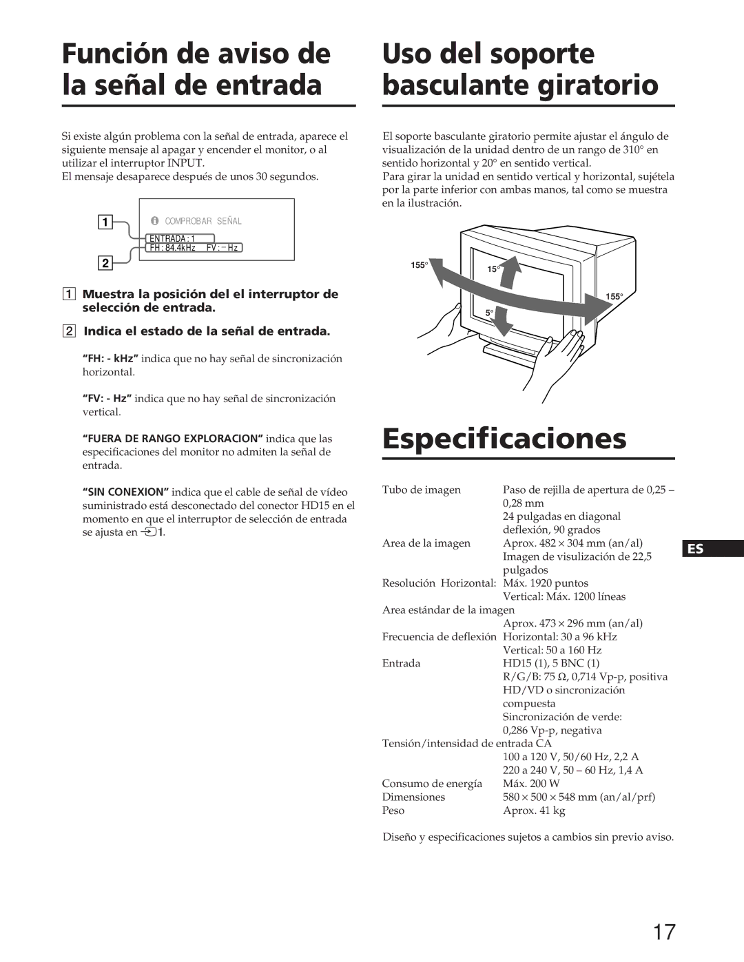 Sony GDM-90W01T manual Especificaciones 