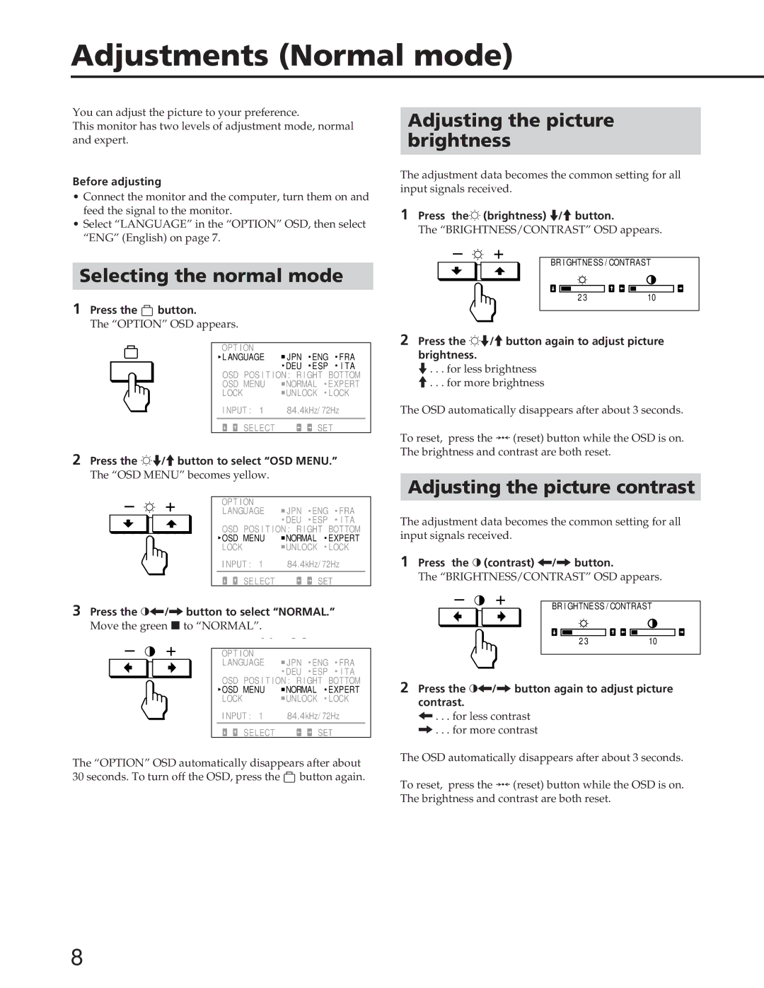 Sony GDM-90W01T manual Adjustments Normal mode, Selecting the normal mode, Adjusting the picture Brightness 