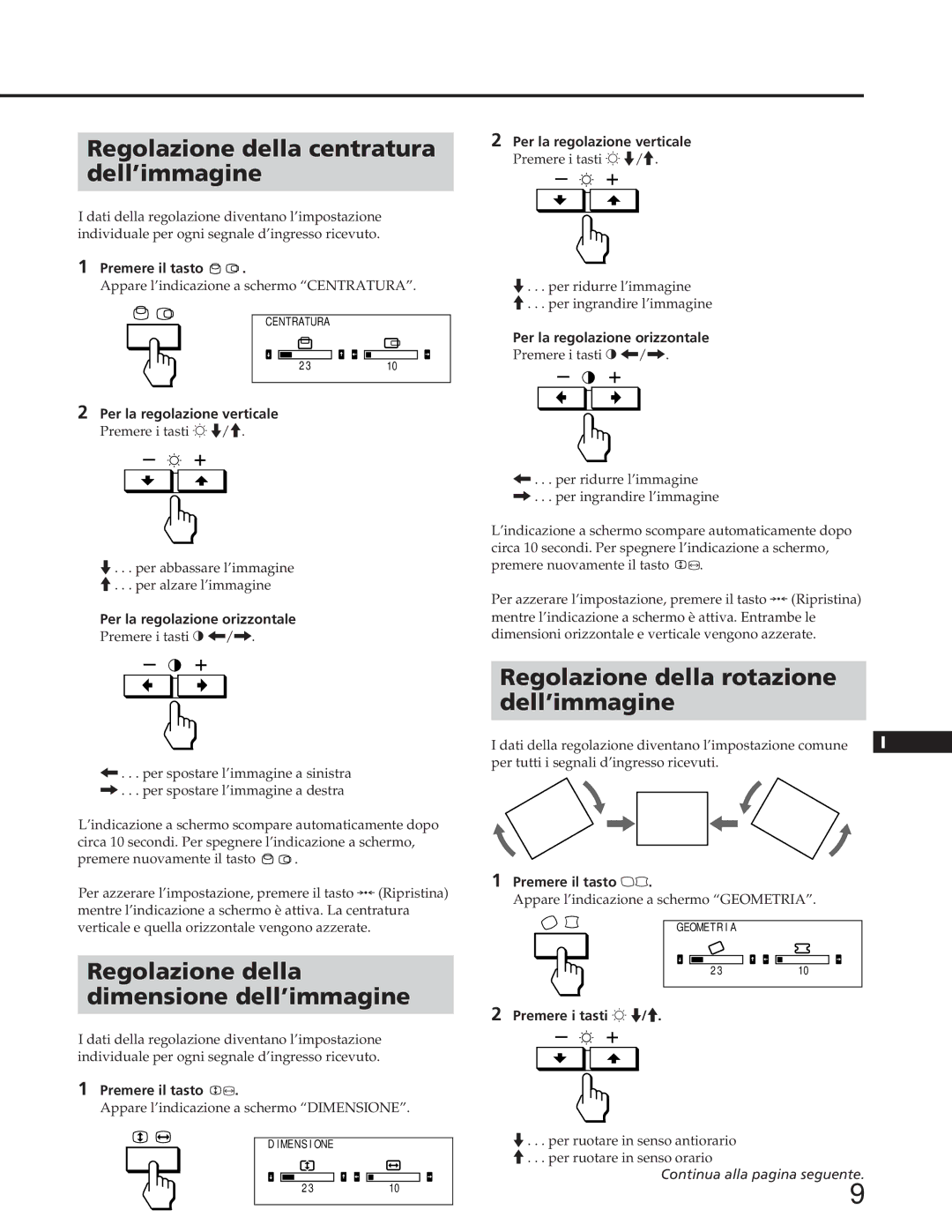 Sony GDM-90W01T manual Regolazione della centratura Dell’immagine, Regolazione della Dimensione dell’immagine 