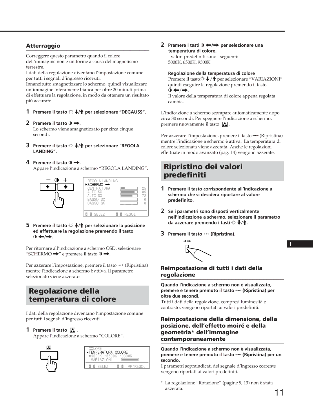 Sony GDM-90W01T manual Regolazione della Temperatura di colore, Ripristino dei valori Predefiniti, Atterraggio 