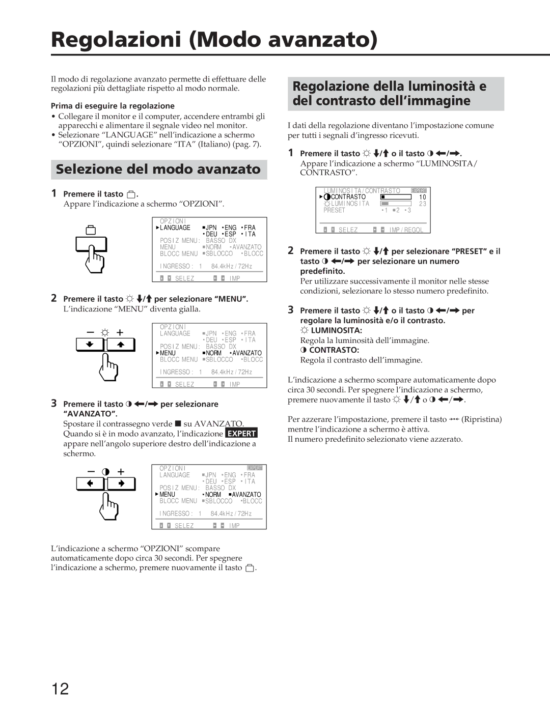 Sony GDM-90W01T manual Regolazioni Modo avanzato, Selezione del modo avanzato 