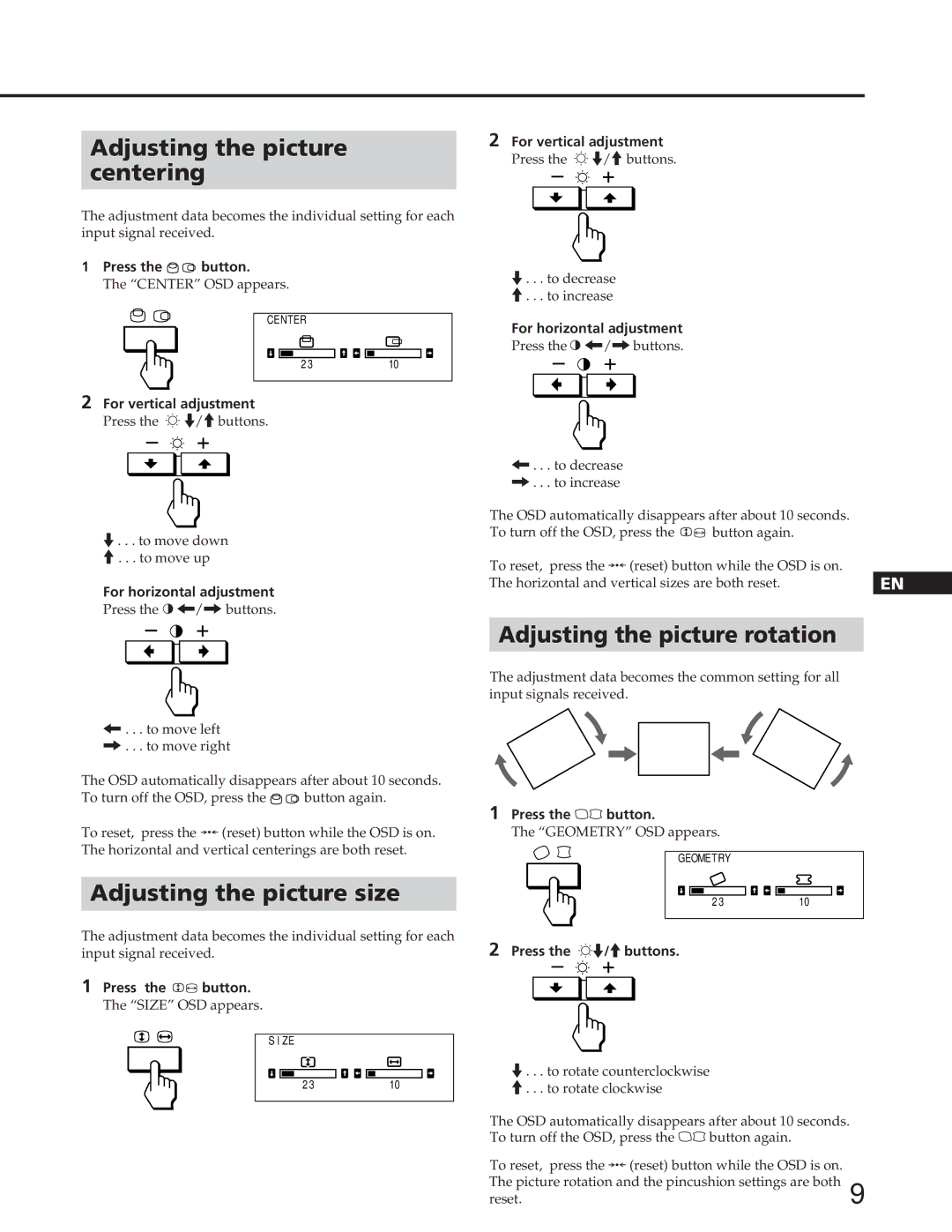 Sony GDM-90W01T manual Adjusting the picture Centering, Adjusting the picture rotation, Adjusting the picture size 