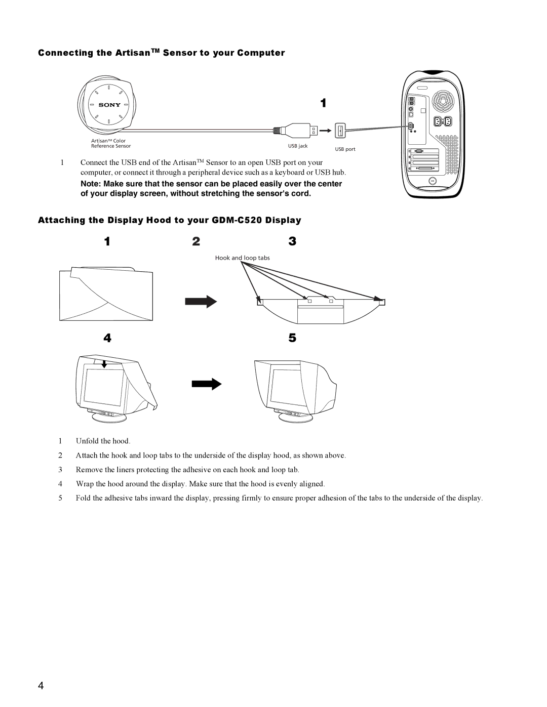 Sony GDM-C250K Connecting the ArtisanTM Sensor to your Computer, Attaching the Display Hood to your GDM-C520 Display 