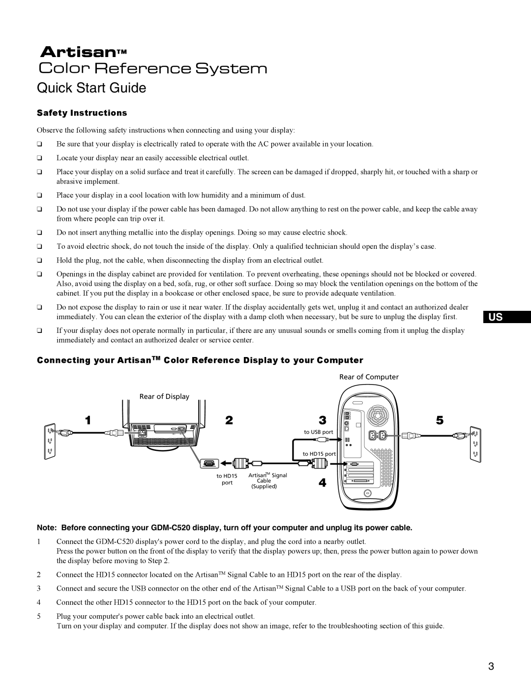 Sony GDM-C250K Quick Start Guide, Safety Instructions, Connecting your ArtisanTM Color Reference Display to your Computer 