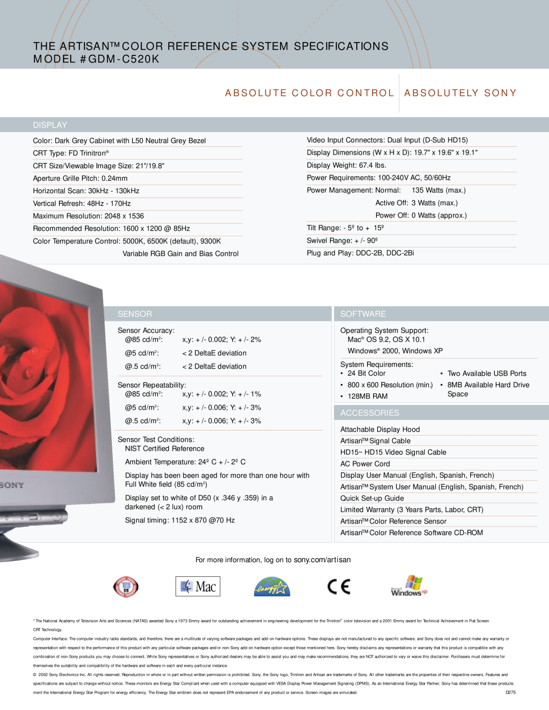 Sony manual Absolute Color Control, Absolutely Sony, THE ARTISAN COLOR REFERENCE SYSTEM SPECIFICATIONS MODEL #GDM-C520K 