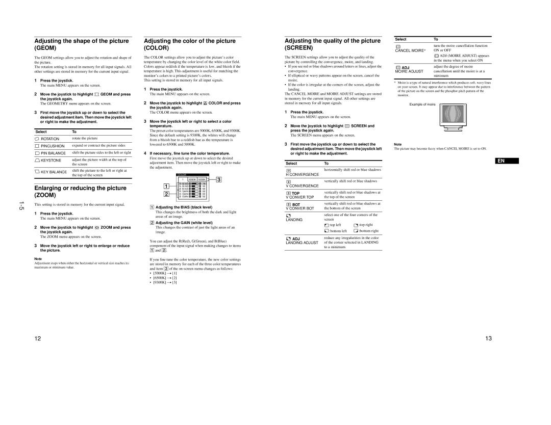 Sony GDM-F500T9 service manual Adjusting the shape of the picture Geom, Adjusting the color of the picture Color, Zoom 