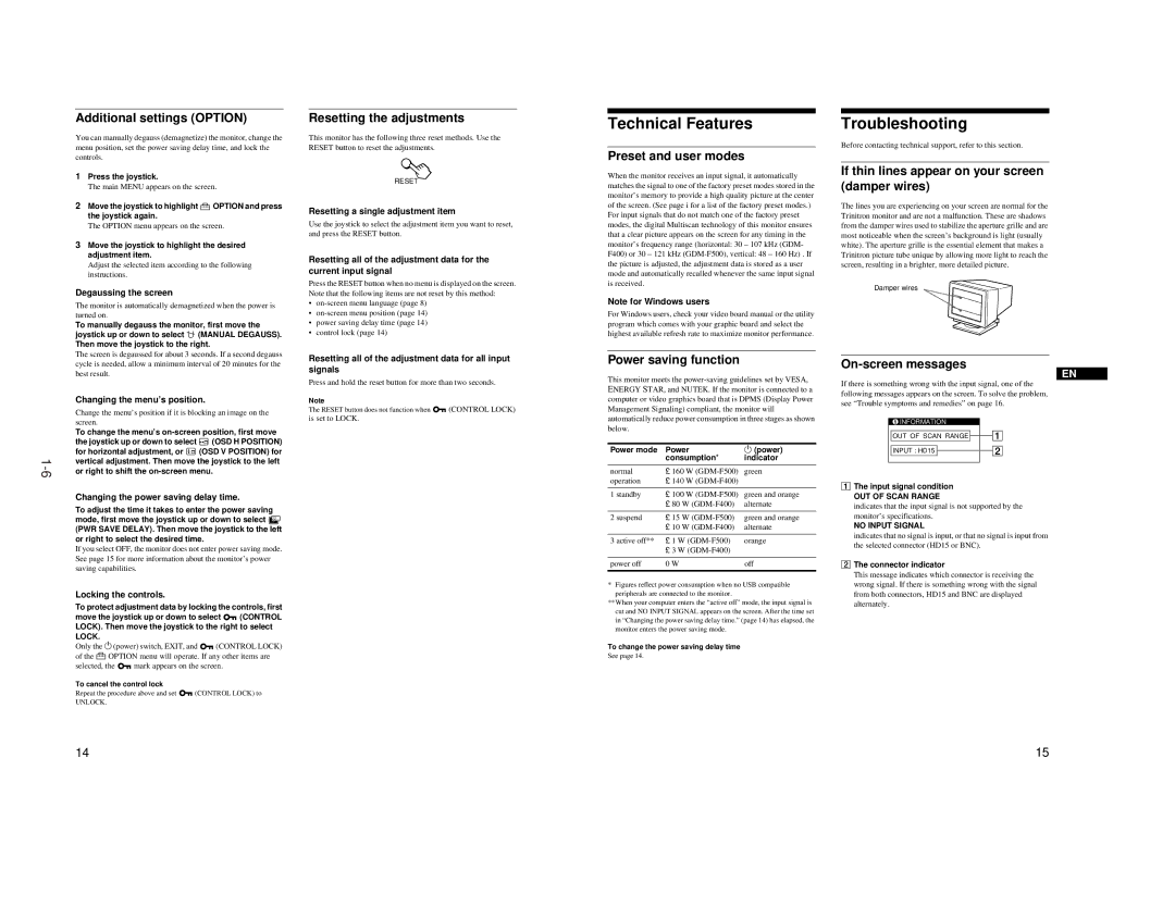 Sony GDM-F500 Additional settings Option, Resetting the adjustments, Preset and user modes, Power saving function 