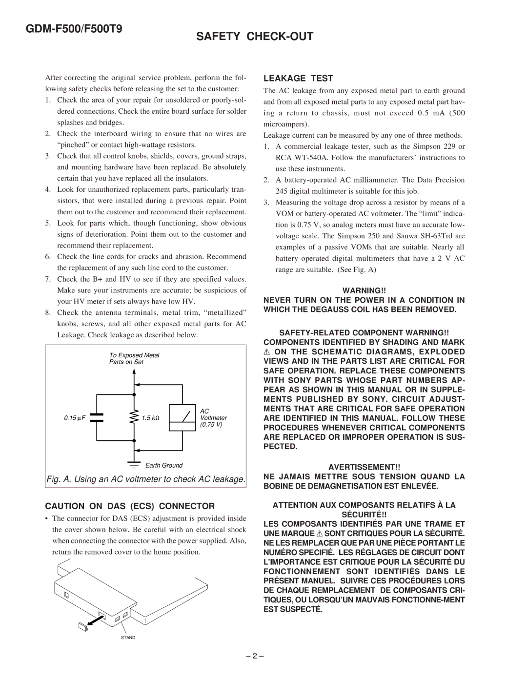 Sony GDM-F500T9 service manual Safety CHECK-OUT, Leakage Test 