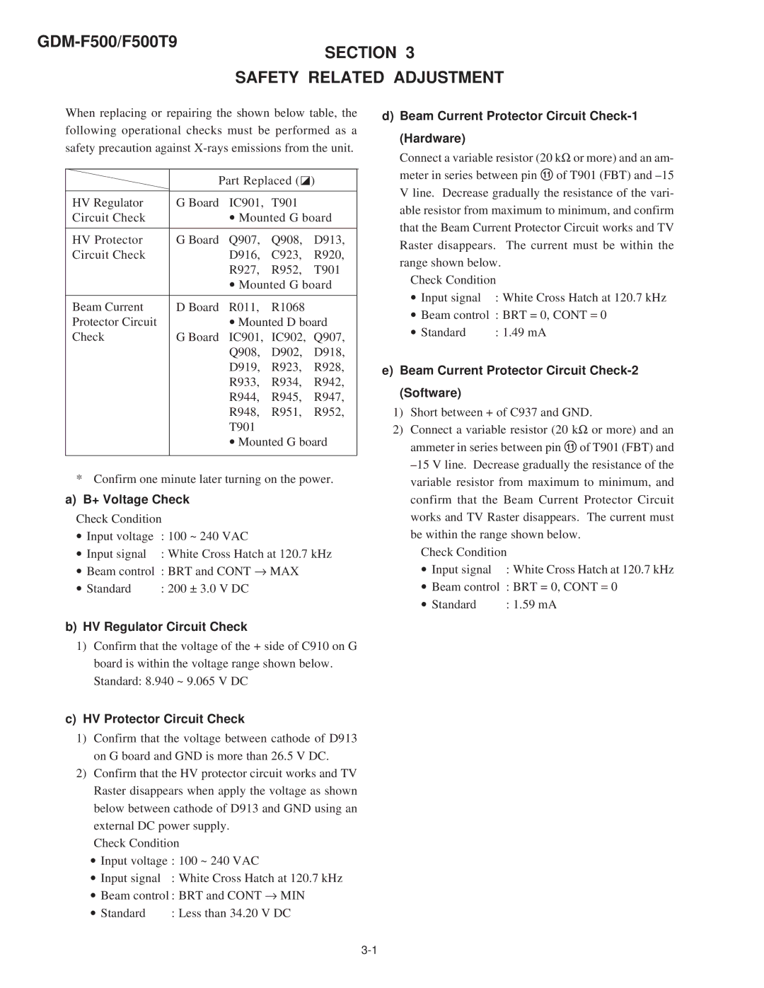 Sony GDM-F500T9 service manual Section Safety Related Adjustment, + Voltage Check 