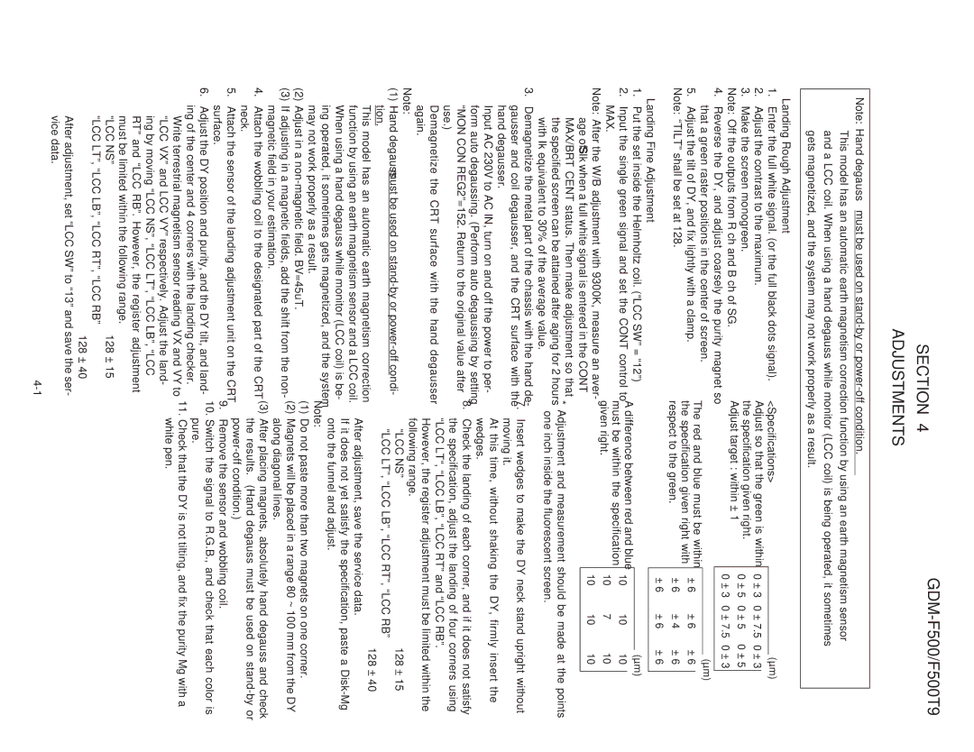 Sony GDM-F500T9 service manual Adjustments, ∙ Landing Fine Adjustment 