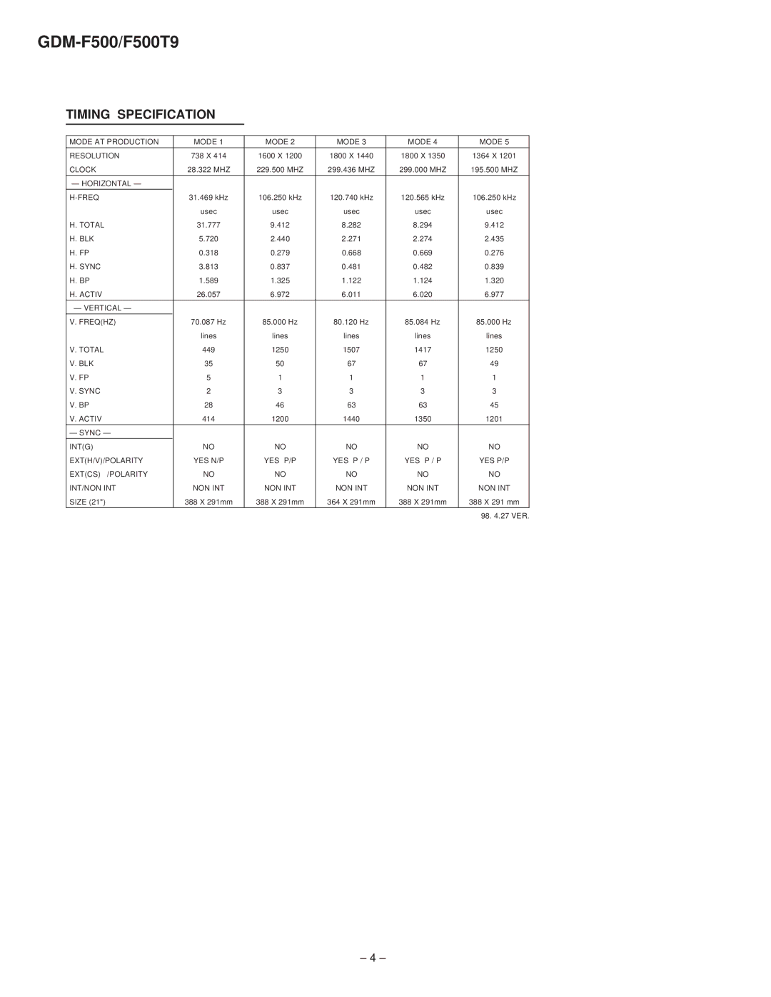 Sony GDM-F500T9 service manual Timing Specification 