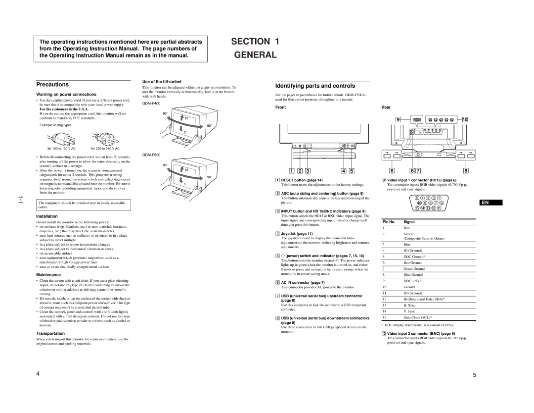 Sony GDM-F500T9 service manual Section, General, Precautions, Identifying parts and controls 