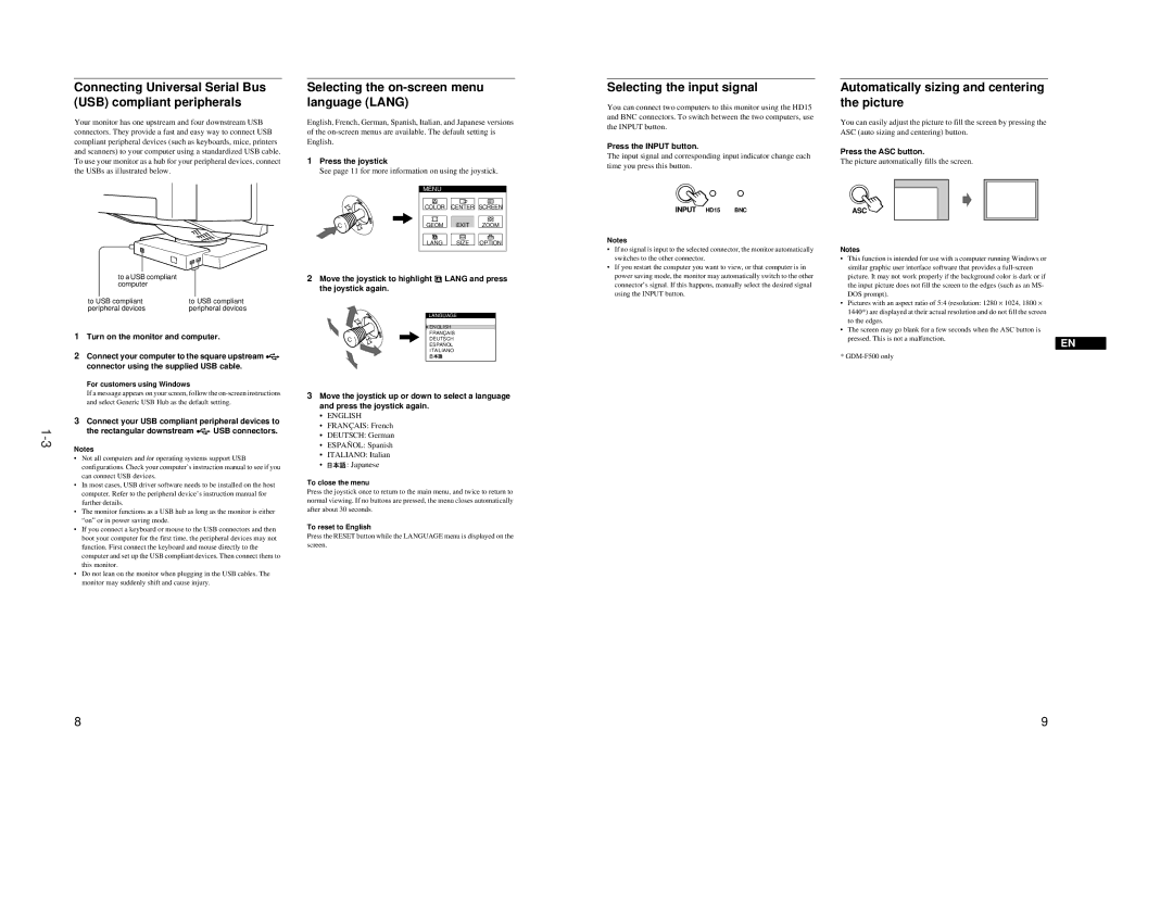 Sony GDM-F500T9 Connecting Universal Serial Bus USB compliant peripherals, Selecting the on-screen menu language Lang 