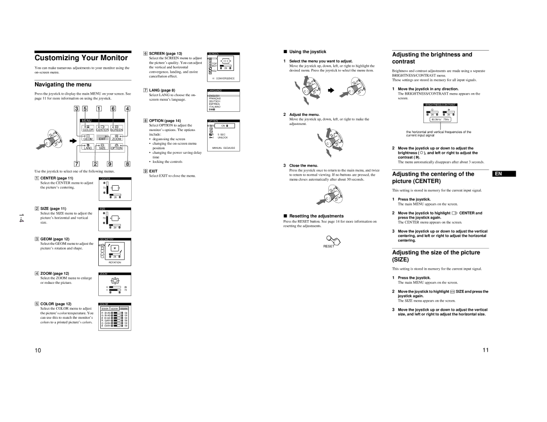 Sony GDM-F500T9 service manual Navigating the menu, Adjusting the brightness and contrast, Picture Center 