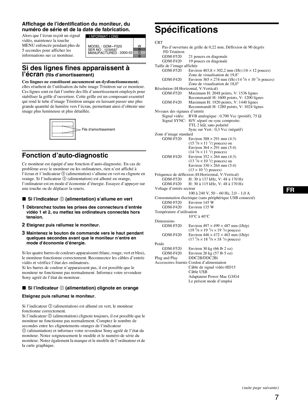 Sony GDM-F520 manual Spécifications, Si des lignes fines apparaissent à, Fonction d’auto-diagnostic 