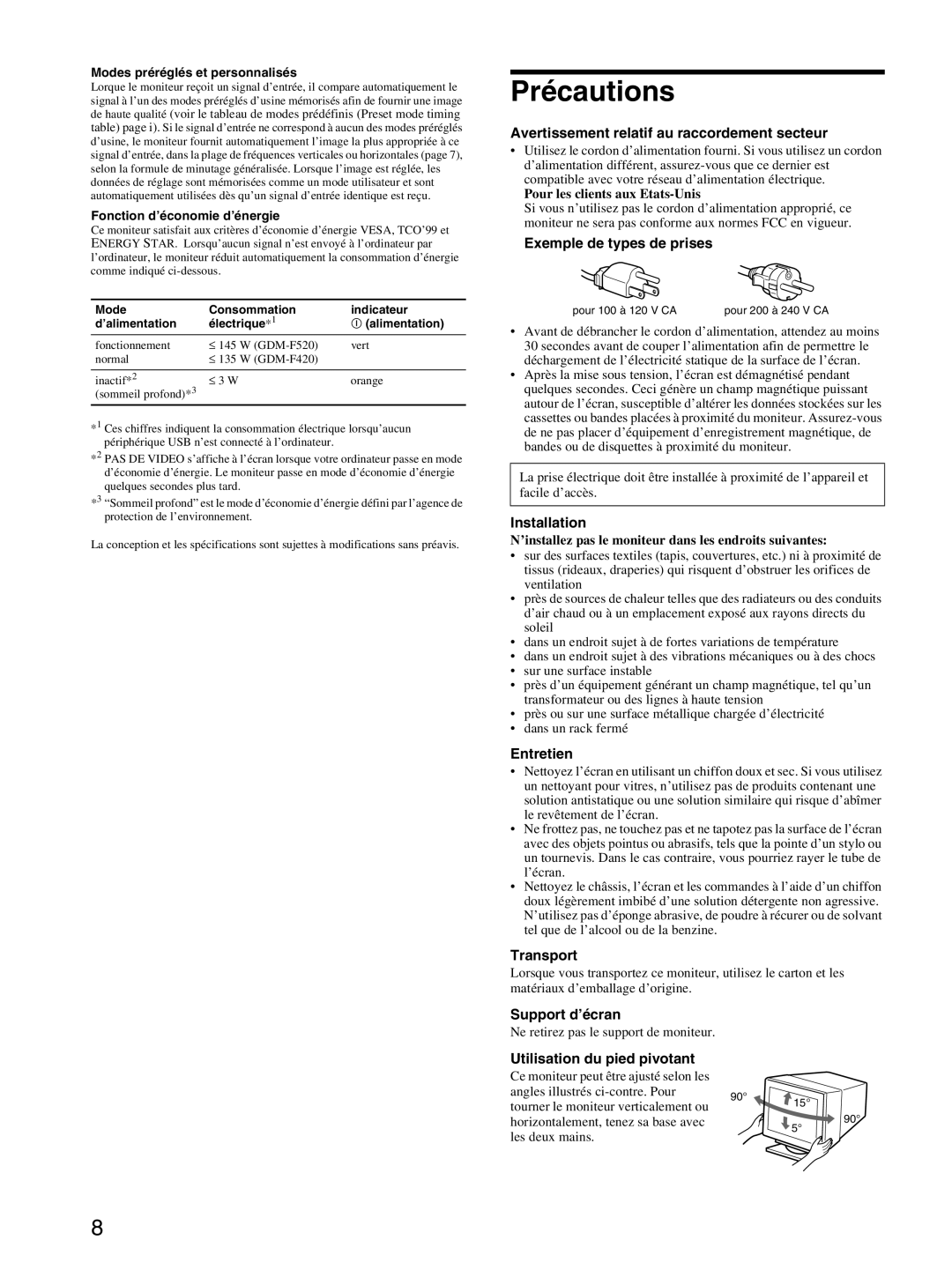 Sony GDM-F520 manual Précautions 