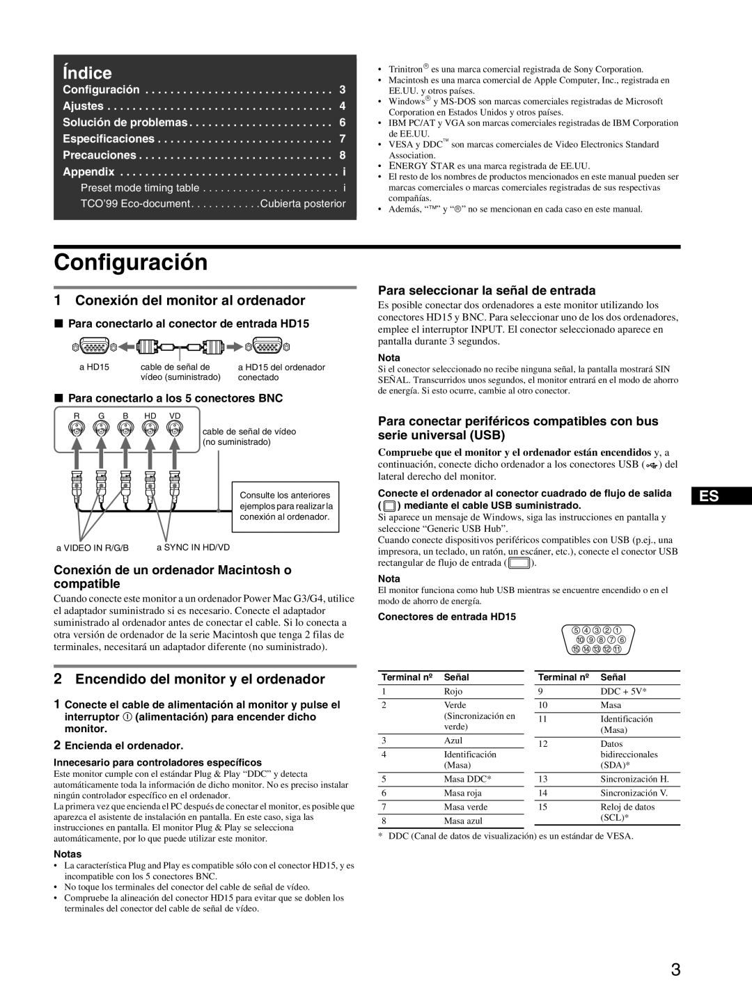 Sony GDM-F520 manual Configuración, Conexión de un ordenador Macintosh o compatible, Para seleccionar la señal de entrada 