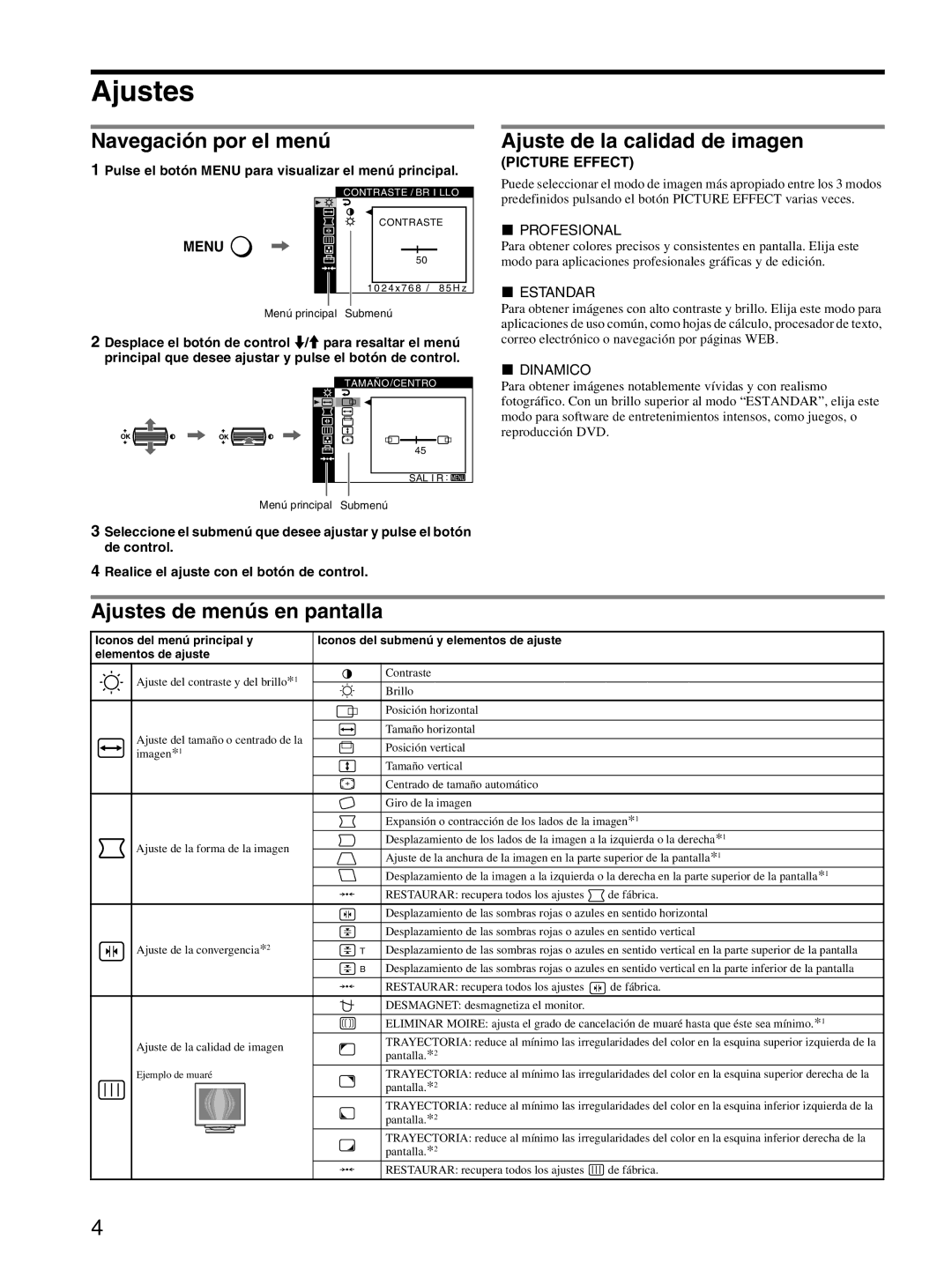 Sony GDM-F520 manual Navegación por el menú, Ajuste de la calidad de imagen, Ajustes de menús en pantalla 