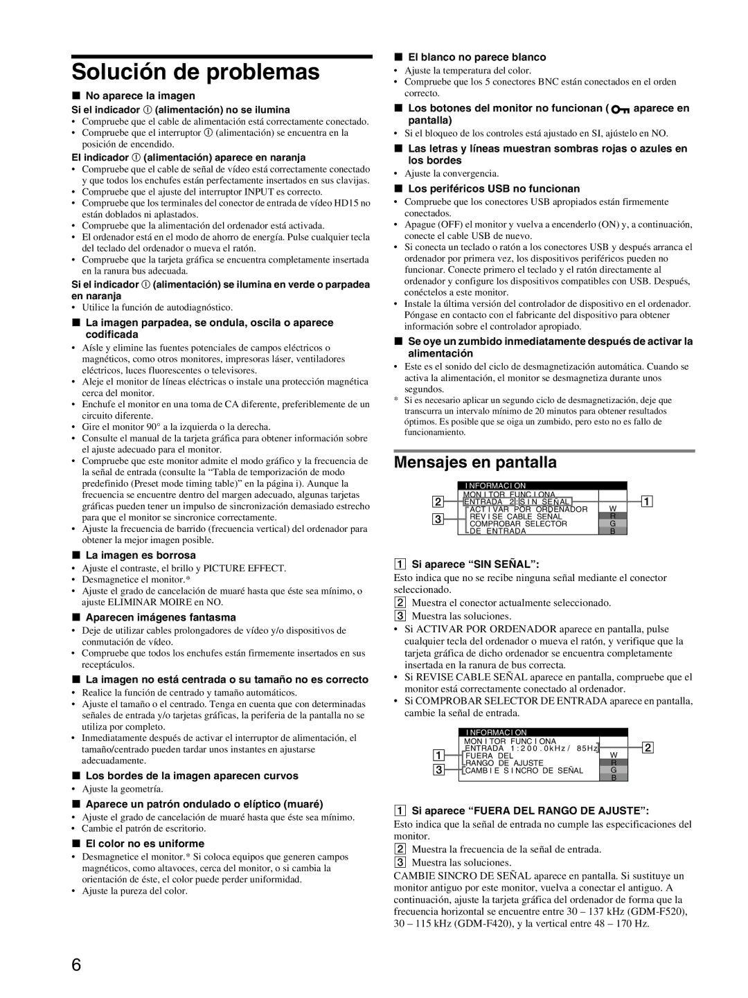 Sony GDM-F520 manual Solución de problemas, Mensajes en pantalla 