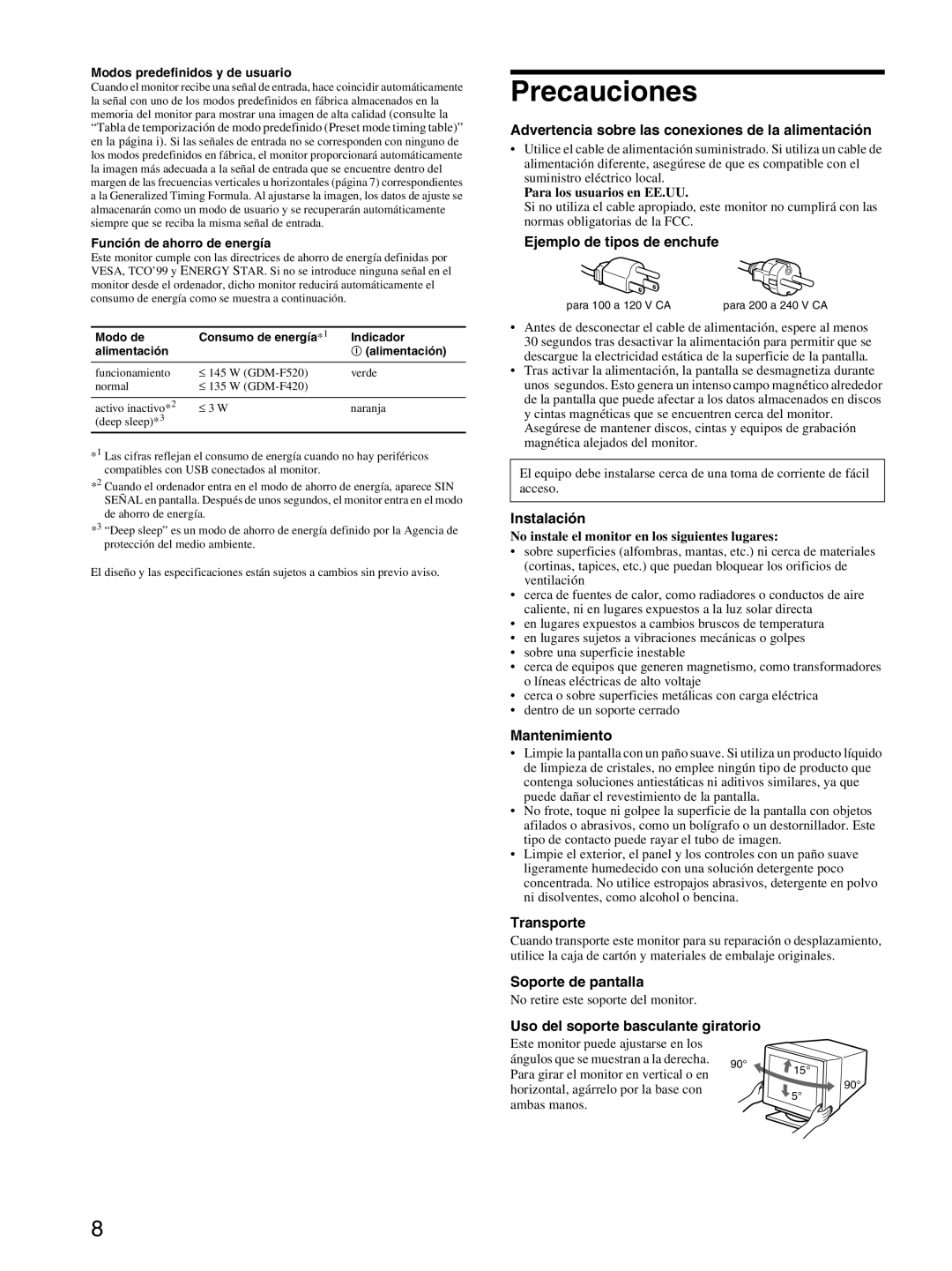 Sony GDM-F520 manual Precauciones 