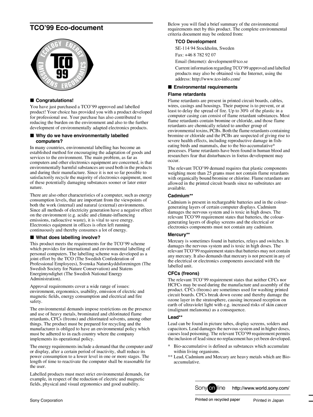 Sony GDM-F520 manual TCO’99 Eco-document 