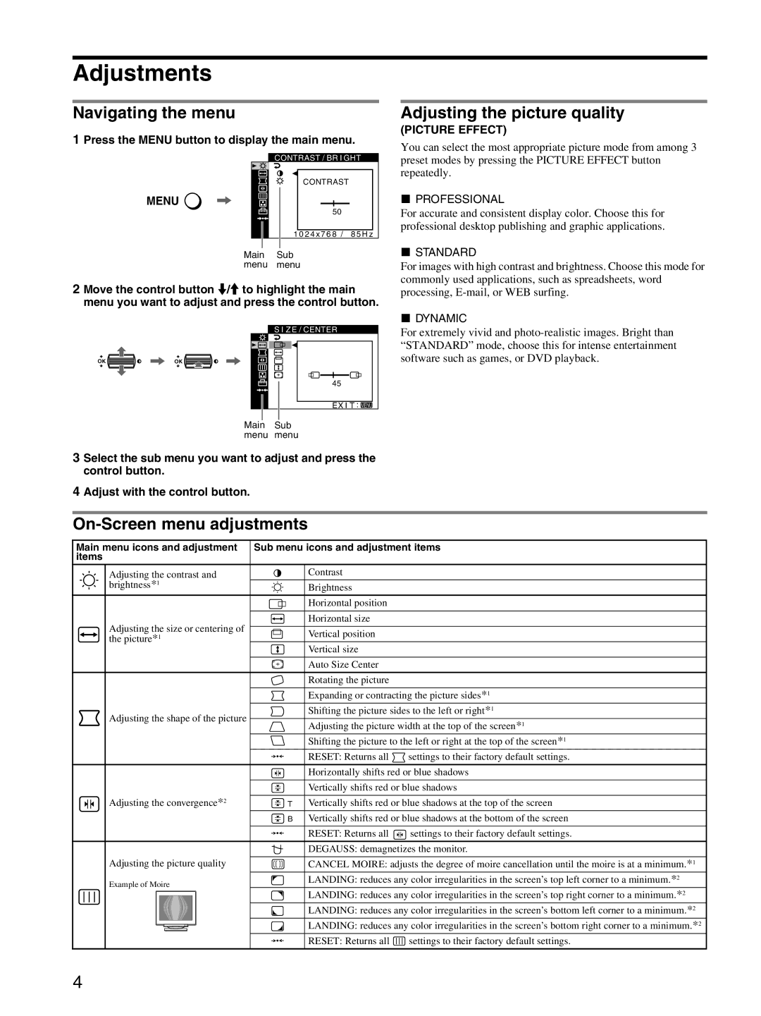 Sony GDM-F520 manual Adjustments, Navigating the menu, Adjusting the picture quality, On-Screen menu adjustments 