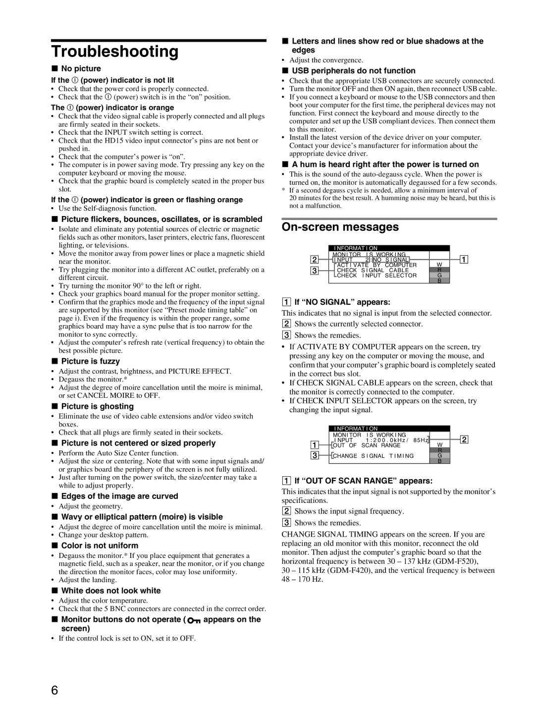 Sony GDM-F520 manual Troubleshooting, On-screen messages 