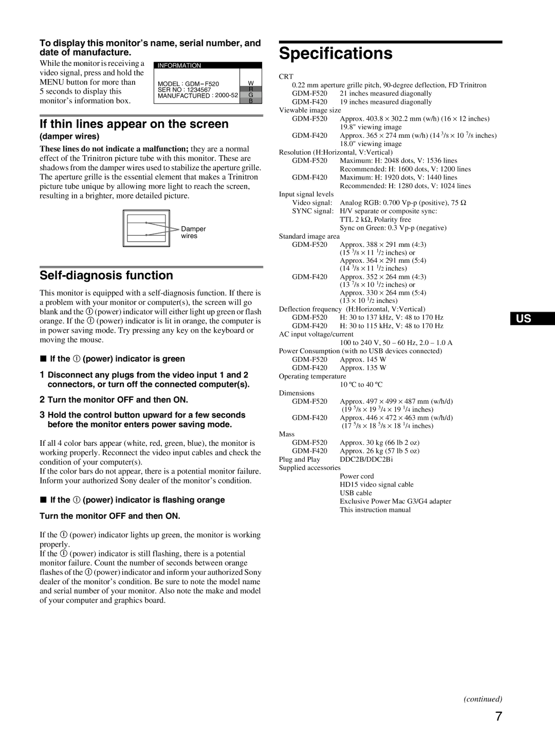 Sony GDM-F520 manual Specifications, If thin lines appear on the screen, Self-diagnosis function, Damper wires 