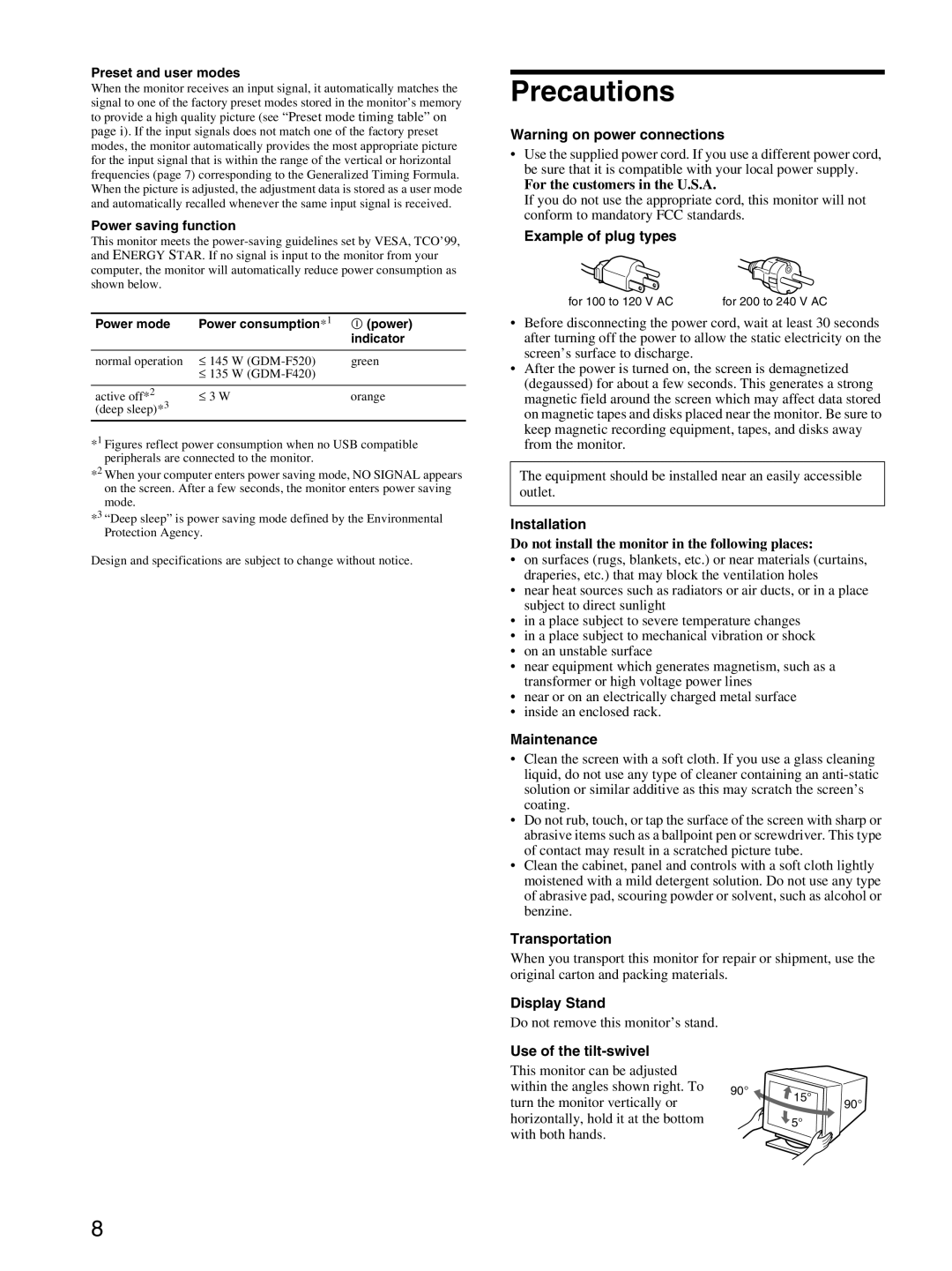 Sony GDM-F520 manual Precautions 