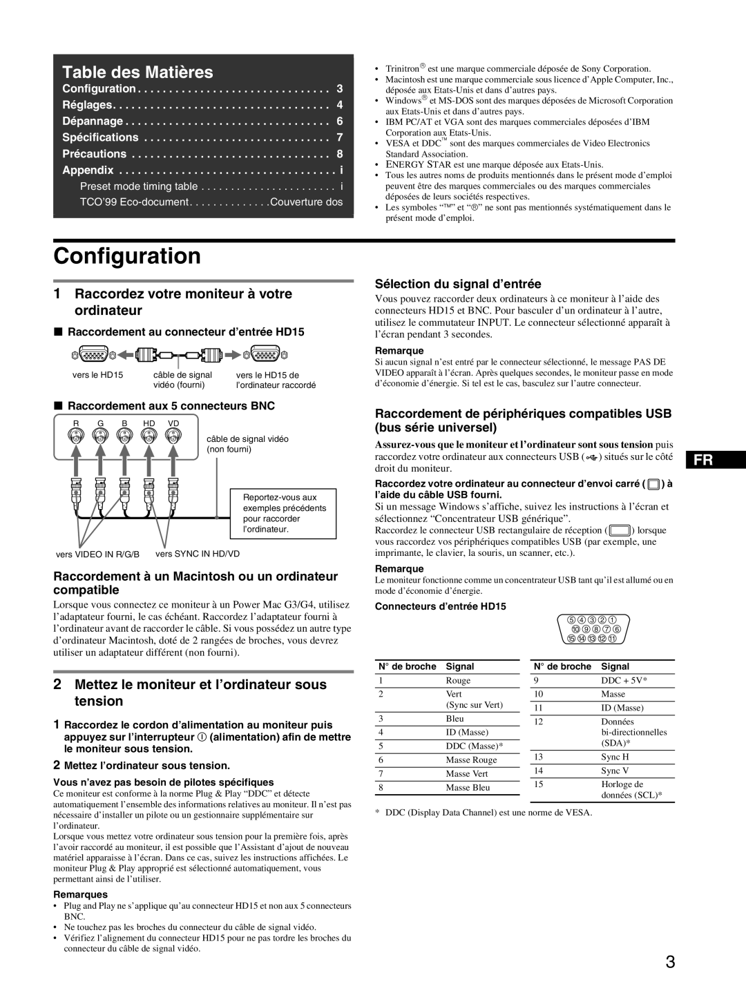 Sony GDM-F520 manual Configuration, Raccordement à un Macintosh ou un ordinateur compatible, Sélection du signal d’entrée 