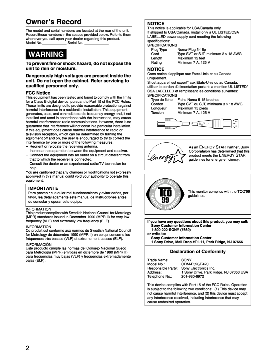 Sony GDM-F520 manual FCC Notice, Importante, Declaration of Conformity, Owner’s Record 