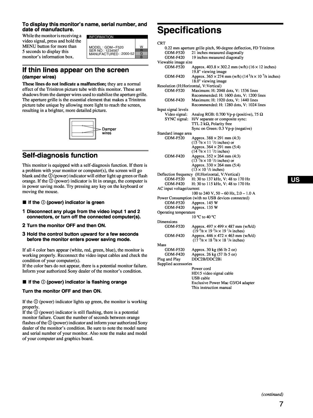 Sony GDM-F520 manual Specifications, If thin lines appear on the screen, Self-diagnosis function, damper wires, continued 