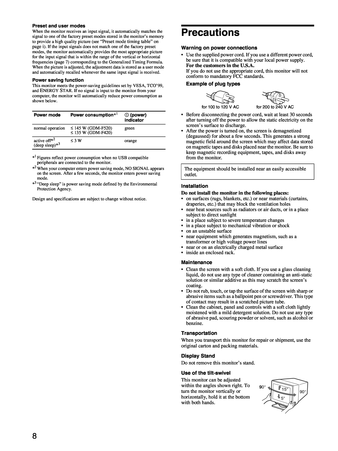 Sony GDM-F520 manual Precautions, Warning on power connections, For the customers in the U.S.A, Example of plug types 