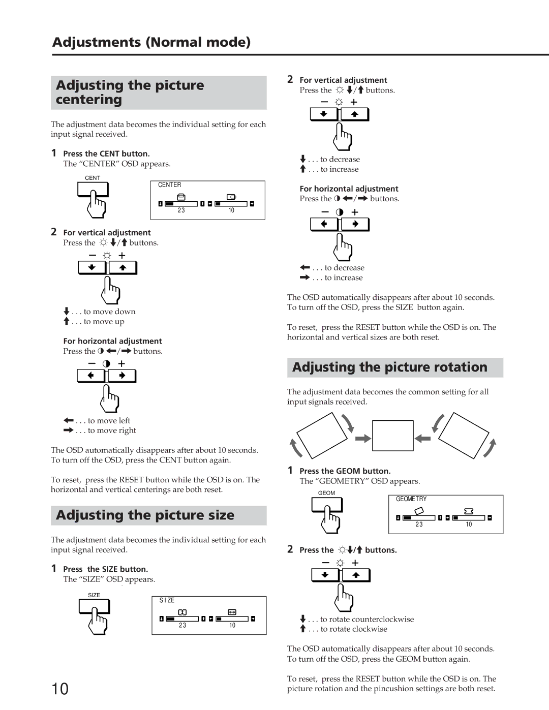 Sony GDM-W900 operating instructions Adjustments Normal mode Adjusting the picture Centering, Adjusting the picture size 