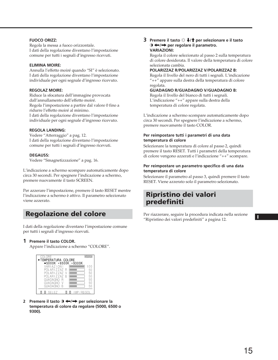 Sony GDM-W900 operating instructions Regolazione del colore 