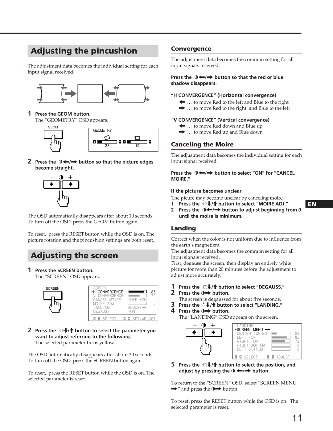 Sony GDM-W900 Adjusting the pincushion, Adjusting the screen, Convergence, Canceling the Moire, Landing 