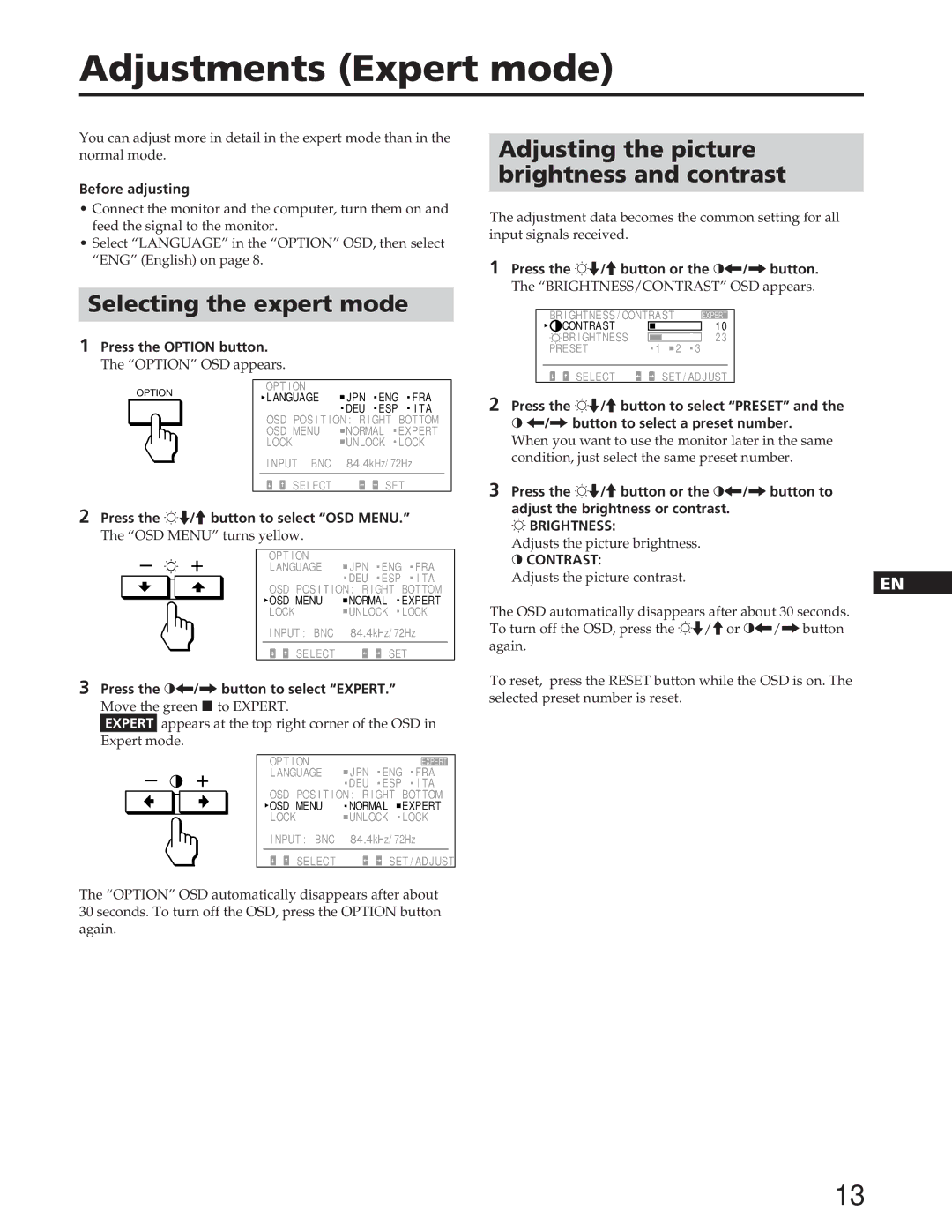 Sony GDM-W900 Adjustments Expert mode, Brightness and contrast, Selecting the expert mode, ¬ Brightness, Contrast 