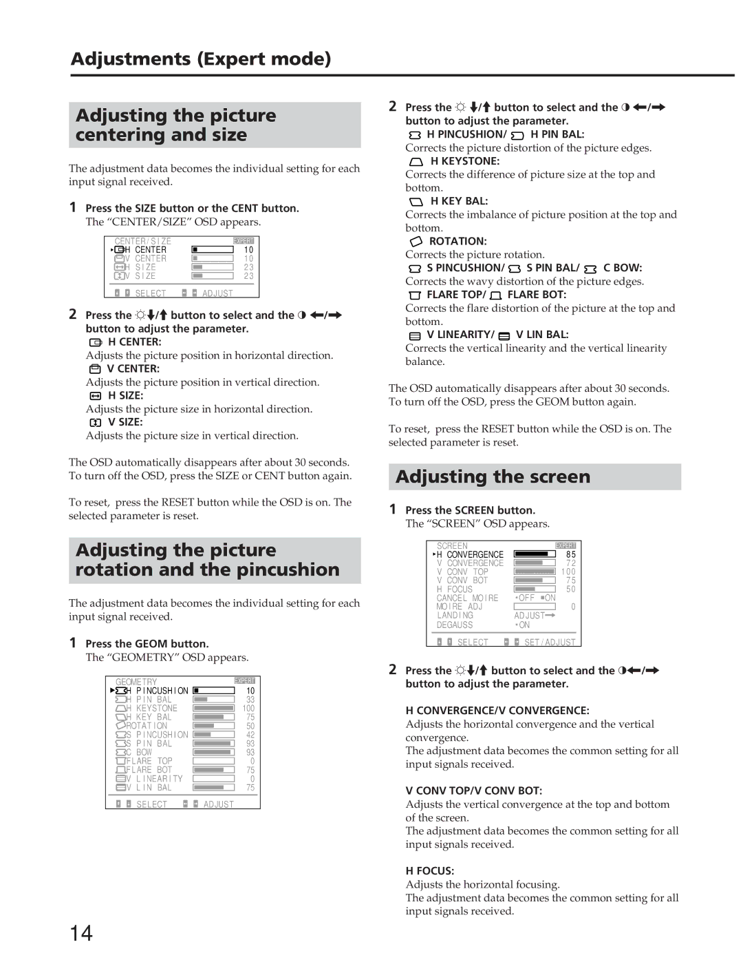 Sony GDM-W900 operating instructions Adjustments Expert mode, Focus 