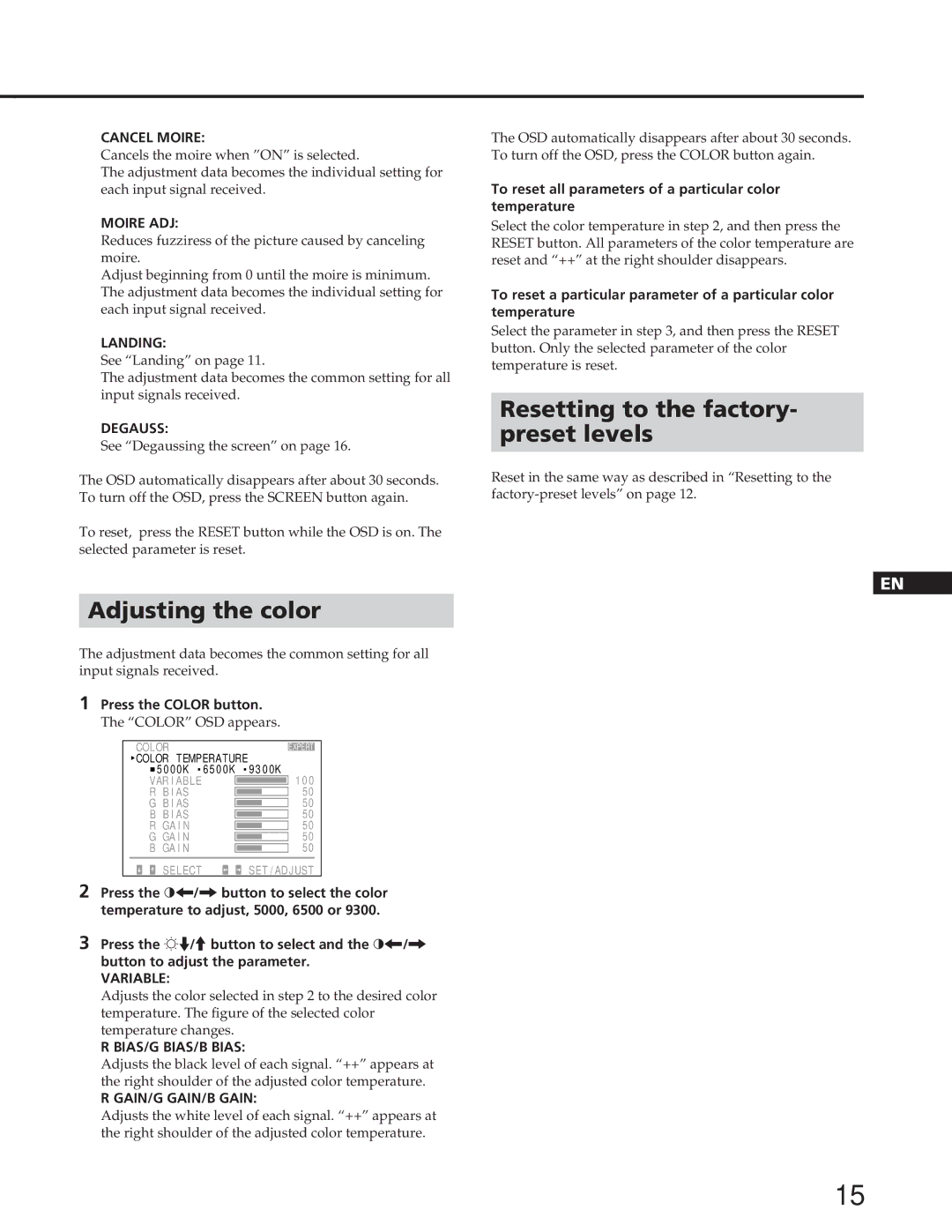 Sony GDM-W900 Cancel Moire, Moire ADJ, Landing, Degauss, Variable, BIAS/G BIAS/B Bias, GAIN/G GAIN/B Gain 