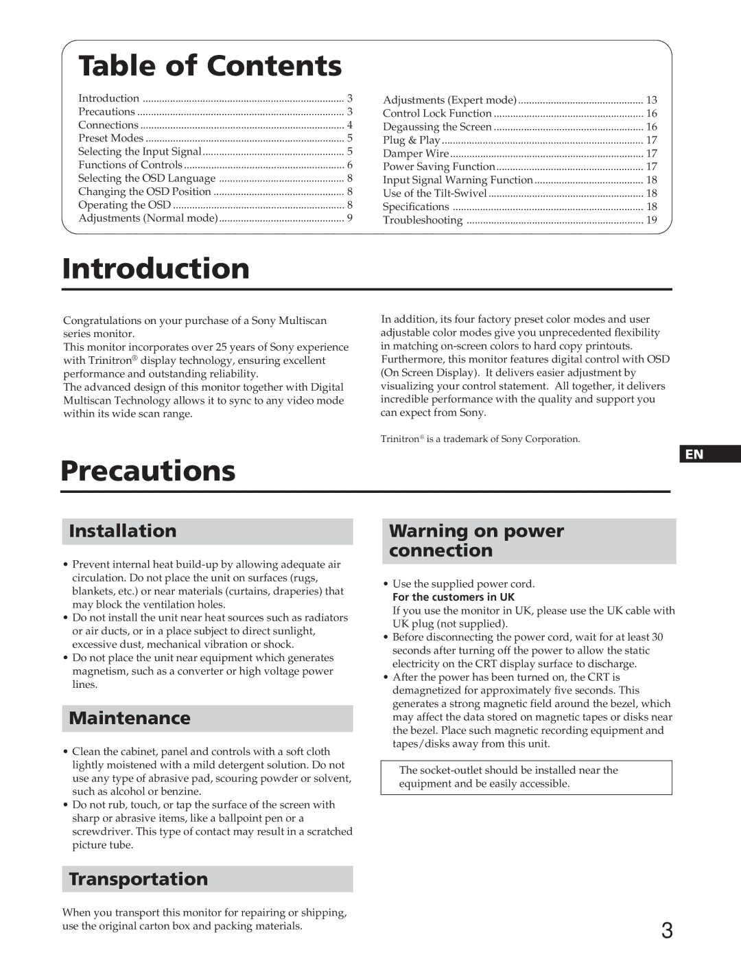 Sony GDM-W900 operating instructions Table of Contents 