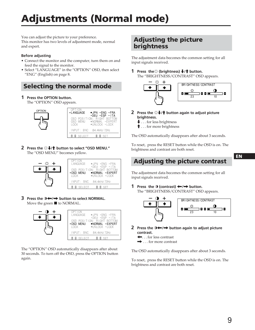 Sony GDM-W900 operating instructions Adjustments Normal mode 