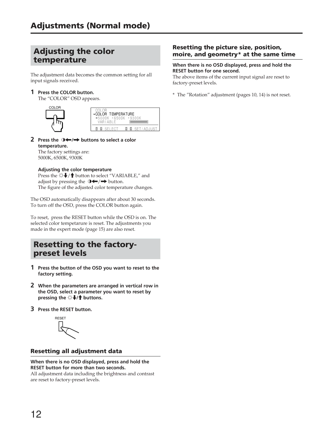 Sony GDM-W900 operating instructions Adjustments Normal mode Adjusting the color Temperature 