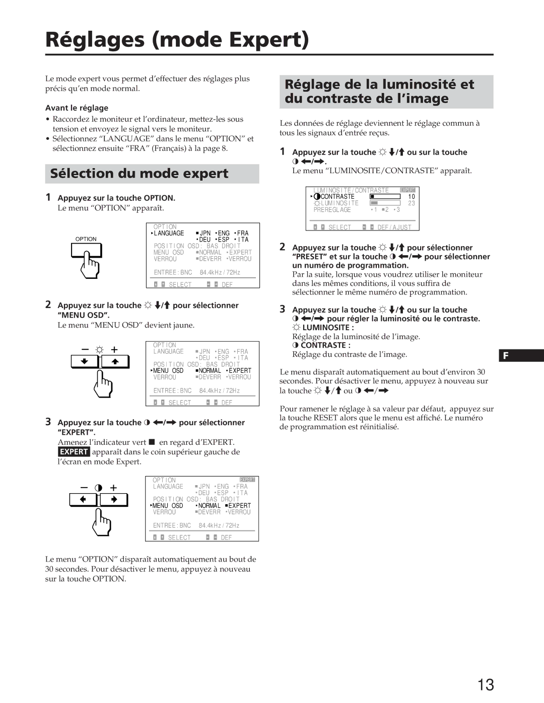 Sony GDM-W900 Réglages mode Expert, Sélection du mode expert, Réglage de la luminosité et Du contraste de l’image 