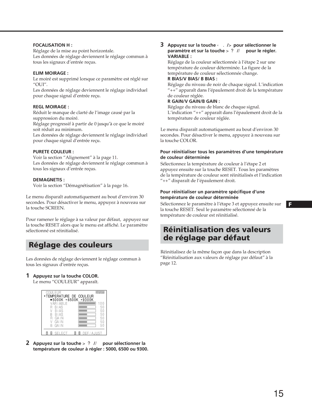 Sony GDM-W900 operating instructions Réglage des couleurs, Réinitialisation des valeurs De réglage par défaut 