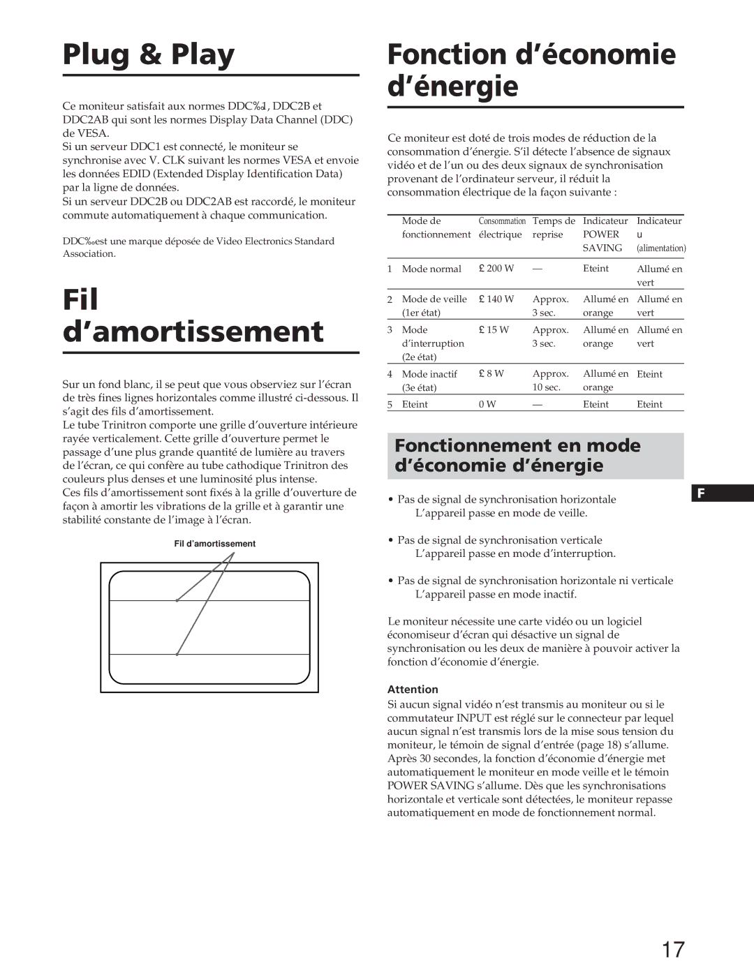 Sony GDM-W900 operating instructions Fil d’amortissement, Fonctionnement en mode ’économie d’énergie 